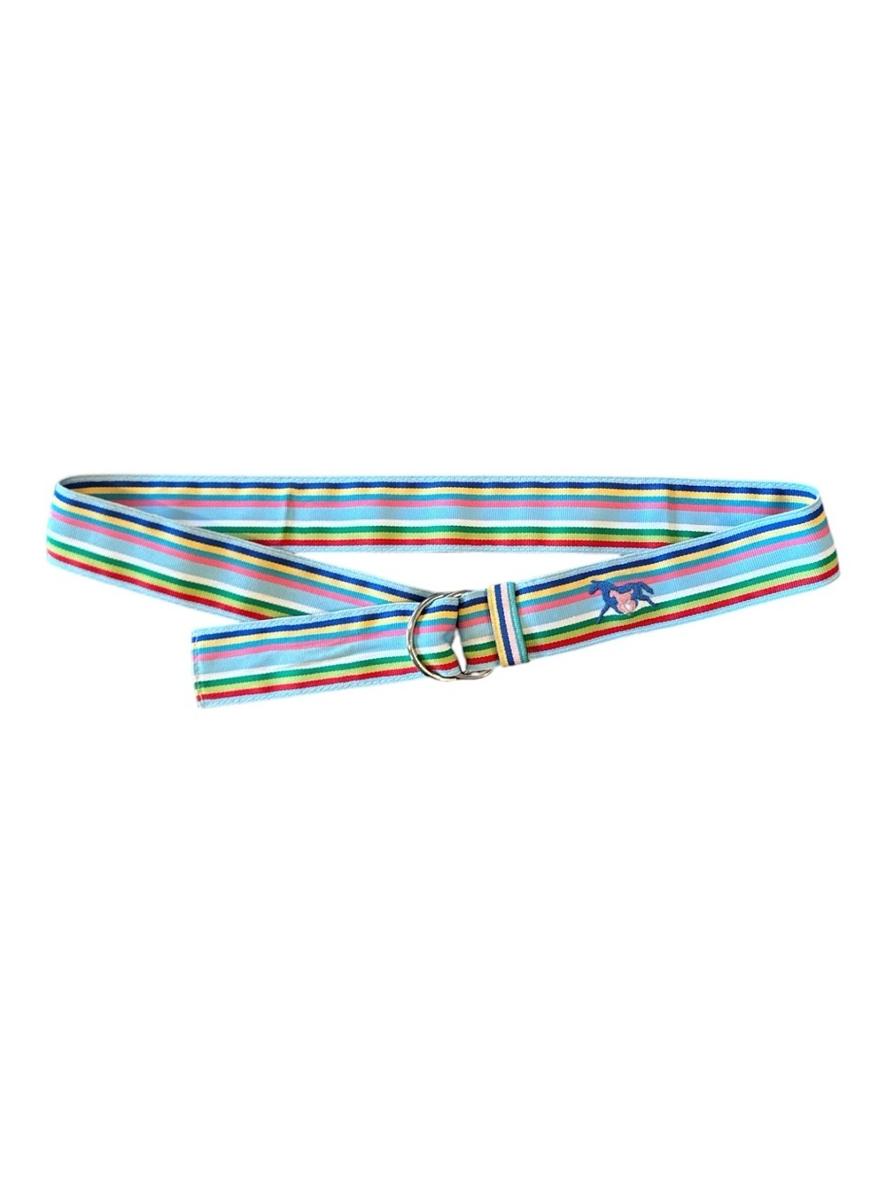 EQ Equestrian Ribbon D-Ring Belt Blue Multi Stripe Horse Logo Size M